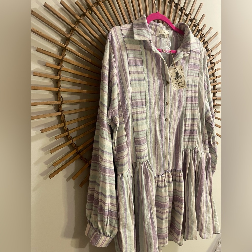 Easel Long Sleeve Linen Blend Purple White Button Up Tunic Dress Boho Beach - Picture 5 of 16